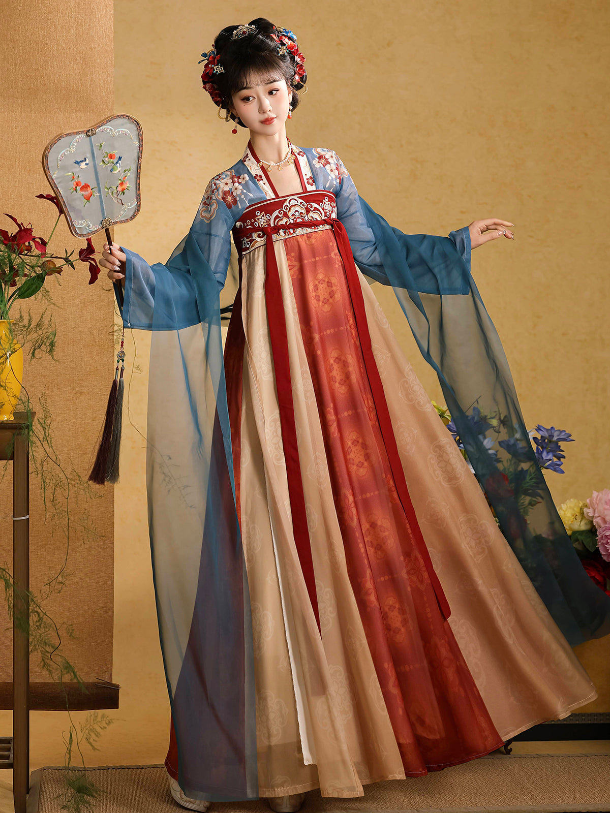 Hanfu blue top+skirt+silk