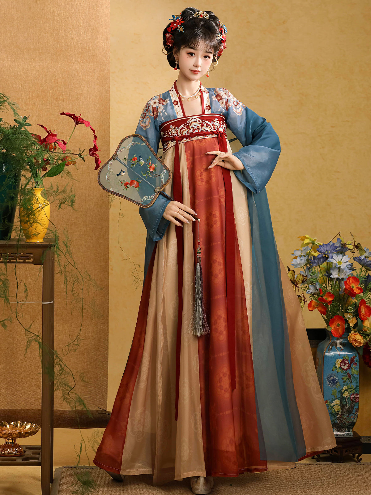 Hanfu blue top+skirt+silk