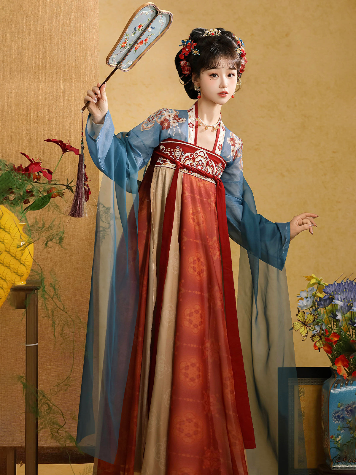 Hanfu blue top+skirt+silk
