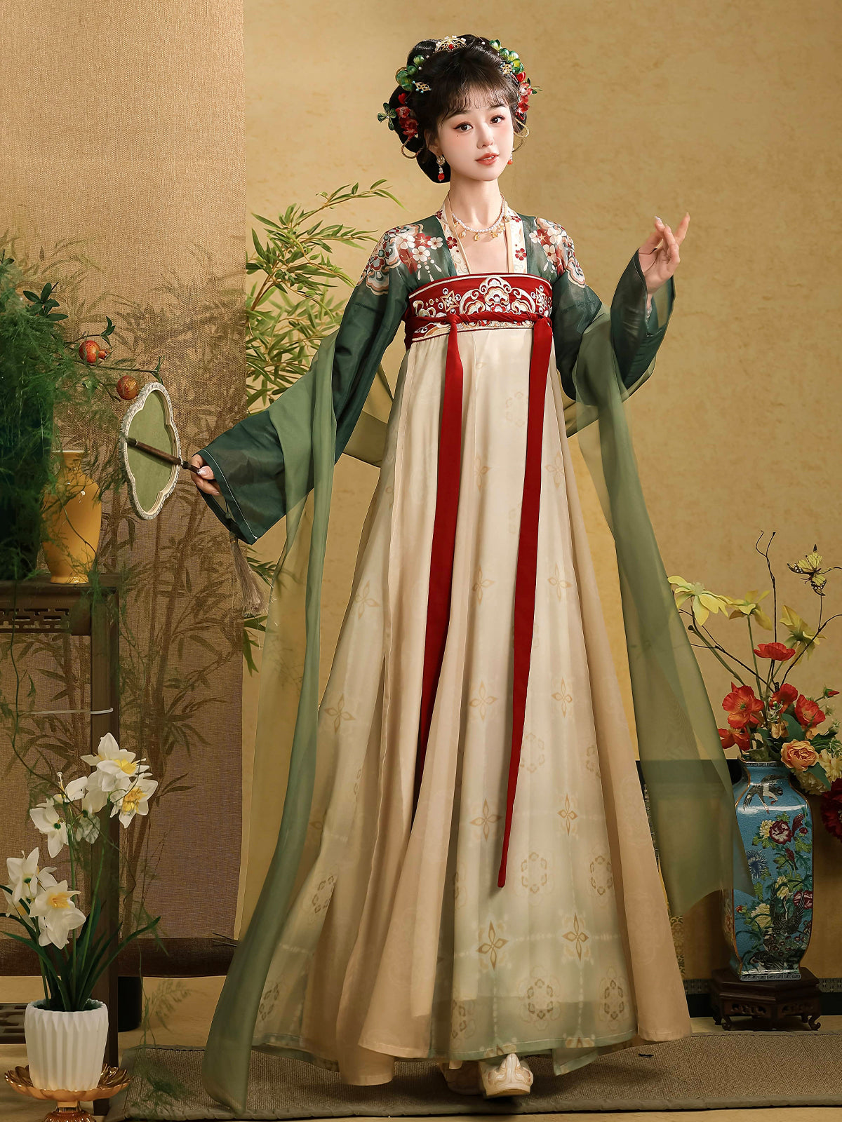Hanfu blue top+skirt+silk